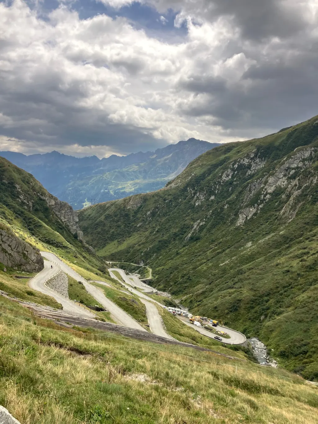 Hairpins of the Gotthard Tremola road winding down into the valley toward Airolo