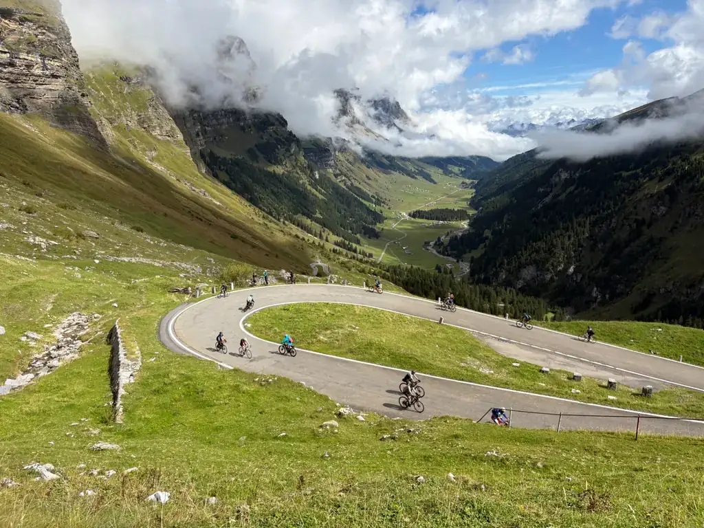 Hairpin mountain road on the Klausenpass, part of the Susten-Furka-Grimsel pass cycling routes in the Swiss Alps